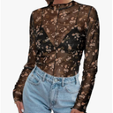 Women's Sheer Floral Long Sleeve Layering Top Ruffled Mock Neck Sheer Blouse for Casual Brunch Party Club Night Date Outfits, L