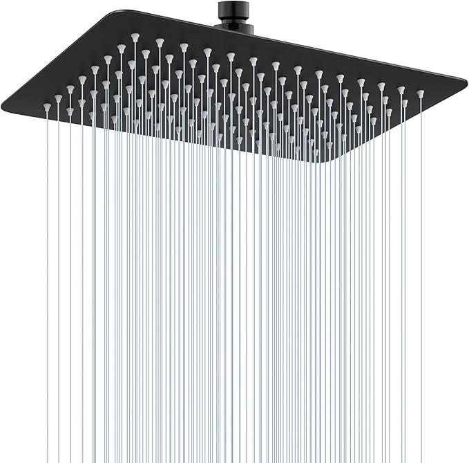  12 * 8 Inch Rectangle Rain Shower Head Black, All Metal Stainless Steel 304, Full Body Rainfall Shower with 112 Silicone Nozzles, High Flow Waterfall Showerheads