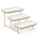 MALACASA 3 Tier Serving Trays for Party, 12 Inch Porcelain White Trays for Serving Food, Dessert Stand with Collapsible Gold Metal Rack