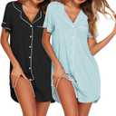 Ekouaer Nightgowns for Women 2 Pack Button Down Sleepwear Short Sleeve Sleepshirts Soft Nightshirts Boyfriend Pajama Dress,Black/Sky Blue,XXL