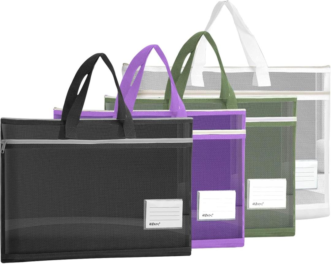4 Pack Two Layers Mesh Zipper Bags Large, A3 Art Project Bag Student Subject Bags with Handle, Toy Storage Bag with Breathable Nylon Mesh for Playroom Board Games School Office Organization