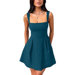 YMDUCH Women's Sexy Sleeveless Square Neck Adjustable Straps Bow Tie A-line Mini Party Club Dress (Teal, L)