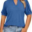 Eytino Womens Plus Size Tops V Neck Puff Short Sleeve Summer Loose Casual Solid Tees Shirts(1X-5X) (XL)