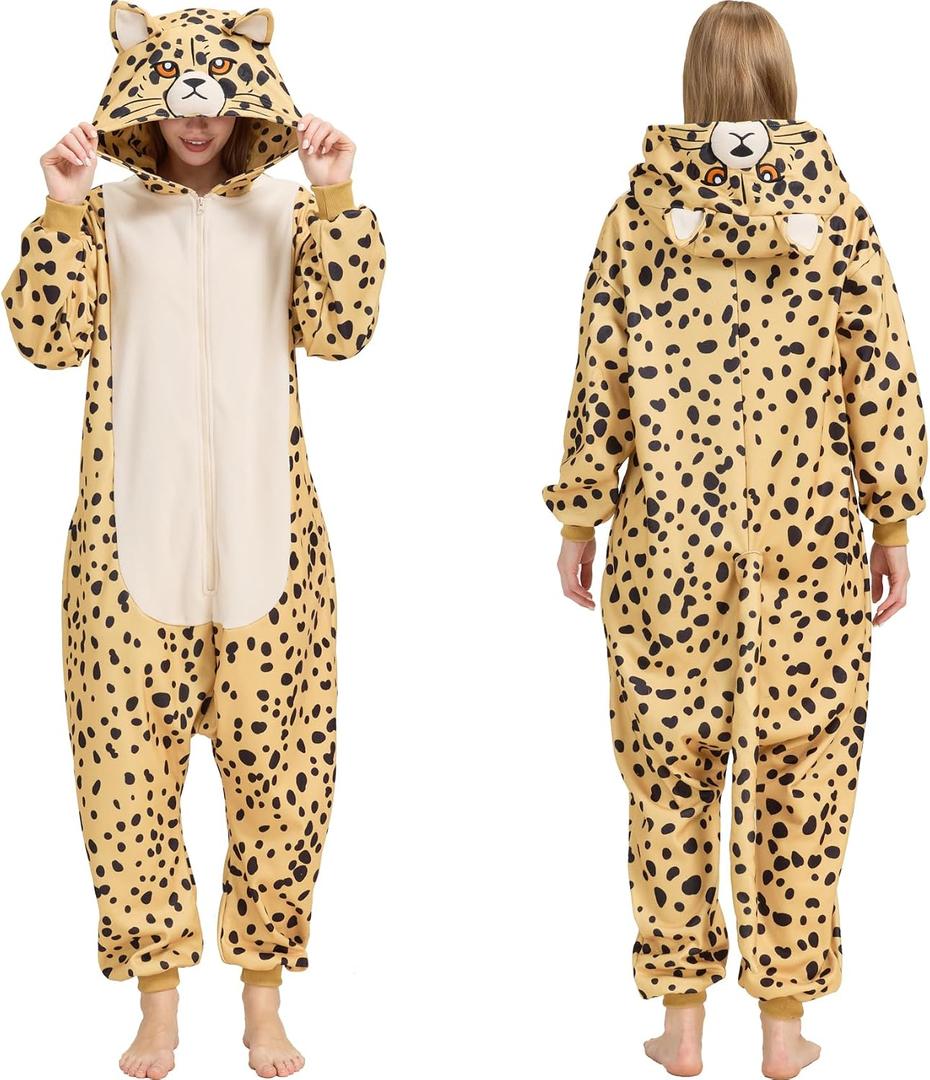 Adult Leopard Cheetah Onesie Costume - Animal Print One-Piece Cosplay Pajamas for Women and Men (XS)
