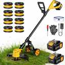 Cordless String Trimmer with Wheels, 14-Inch 2x3.0Ah 21V Battery Powered Weed Eater, Electric Lawn Mower Weed Wacker, Brush Cutter Grass Trimmer for Garden Yard (Yellow)
