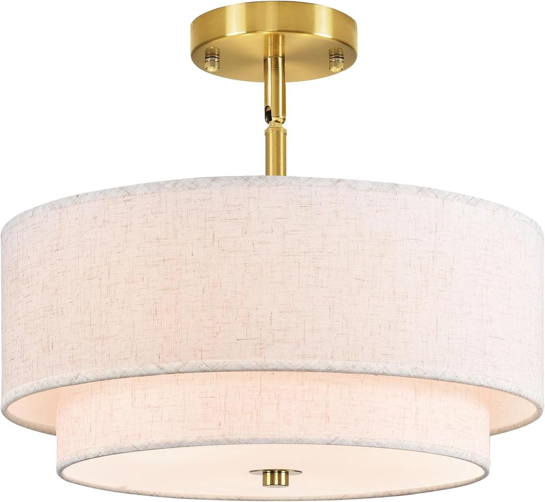 16" Semi Flush Mount Ceiling Light, Gold 3 Light Double Drum Fabric Lampshade Lighting Fixture for Living Room, Bedroom, Dining Room, Kitchen, Hallway (Swivel Canopy for Sloped/Flat Ceiling)