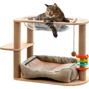 2 Tier Cat Tower,21.85 in cat Perch Wood cat condo with Hammock and Sisal Rope Scratcher Post Hanging Toy Balls for Indoor Large Cats Kittens (Grey)