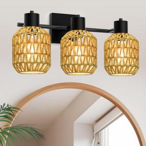 CHICLUX Bathroom Vanity Light, 3 Lights Boho Rattan Bathroom Lighting fixtures Over Mirror, Farmhouse Vanity Lighting Fixtures with 330 Adjustable Woven Lampshade, E26 Base (Bulbs Not Included) (3 lampshade)