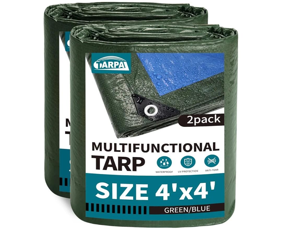 TARPAL 4x4 Feet Small Tarp Waterproof 6mil (2 Pack) Green tarps Multipurpose Protective Cover All Purpose Poly Tarps Cover for Firewood Outdoor Furniture etc