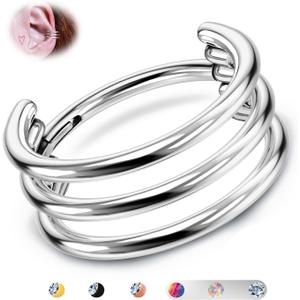 BodyBonita G23 Titanium Cartilage Earring Hoop Stacked Clicker 16G CZ Double/Triple Septum Rings Conch Piercing Jewelry Tragus Daith Helix Nose Rings Hoops for Women Silver/Gold Plated 8mm