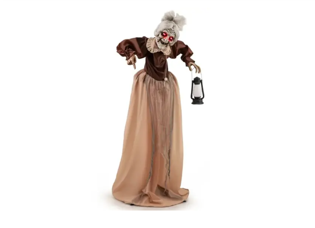 Life-Size Halloween Animatronic Moving and Talking Old Lady Hag Prop - Brown