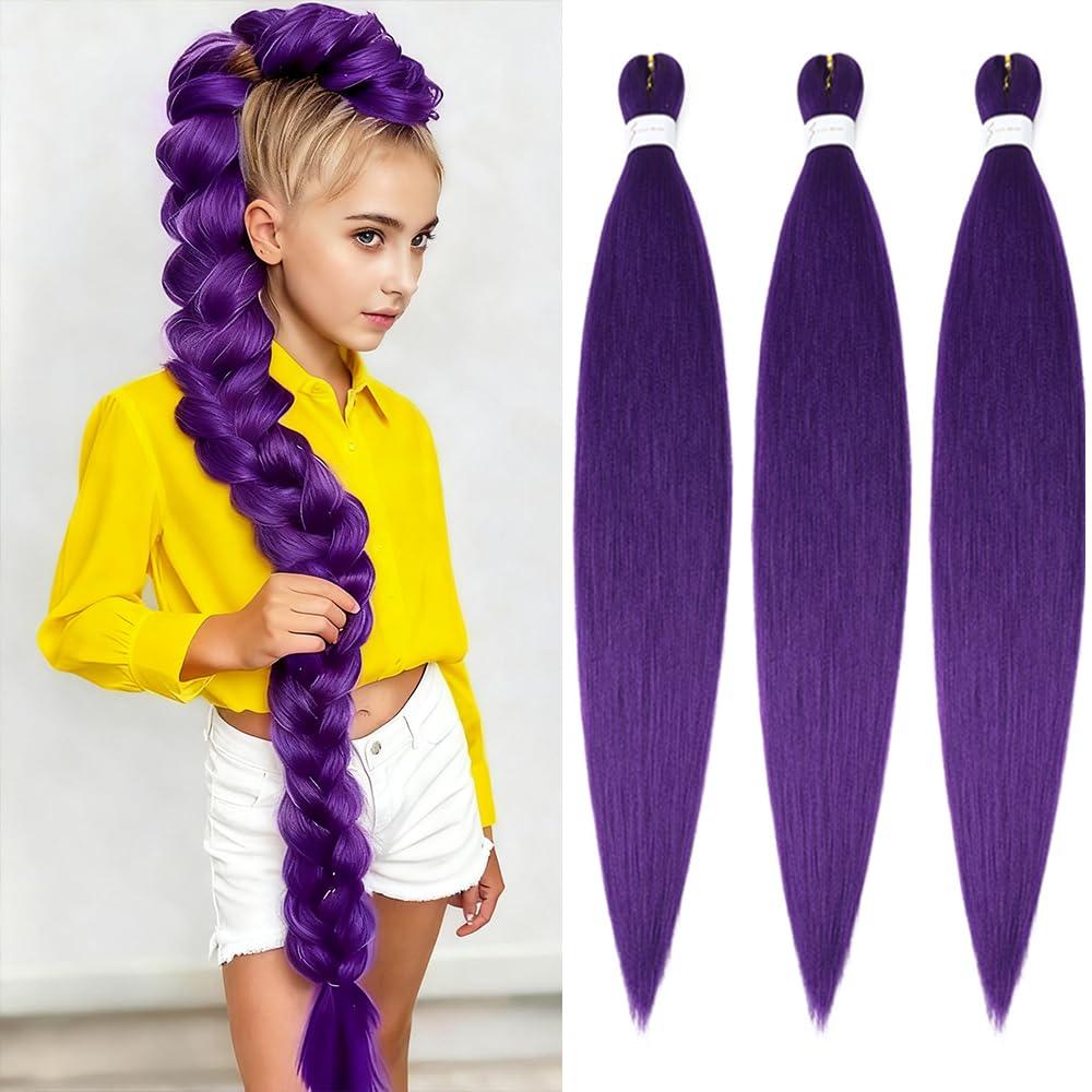 Purple Braiding Hair Extensions 26 Inch Pre stretched Braiding Hair Hot Water Setting Synthetic Hair Colored Braiding Hair Pre Stretched Crochet Braids Hair(26 Inch,3 Packs,Purple#