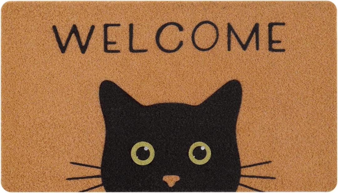 UINI Door Mat Cat Welcome Mat, Black Cat with Green Eyes Doormat, Non-Slip Cat Welcome Mats for Front Door, Outside Entrance, Resist Dirt, 17" x 30"