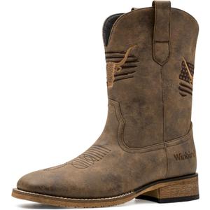 Winbird Cowboy Boots For Men Square Toe Western Men's Boots Vegan/Genuine Leather with Classic Patriot Pull On Boot, Slip Resistant Country Boots Chunky Heel Short Boots for Spring Fall,7.5