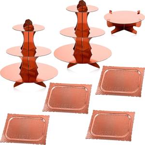 Zopeal 7 Pieces Cake Stand Set 3-Tier Cardboard Cupcake Stand 1-Tier Cupcake Display Round Rectangle Serving Tray Reusable Platters Cupcake Holders for Desserts Birthday Party(Rose Gold)