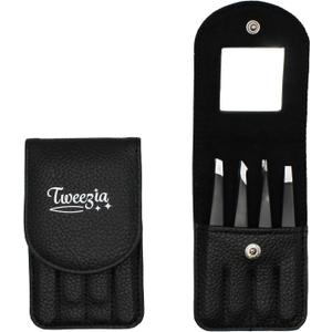 TWEEZIA Stainless Steel Tweezer Set - 4 Precision Tweezers with Mirror & Leather Case - Ideal Eyebrow Kit, Ingrown Hair Tweezers, Splinter Removal Kit or Pointed Tweezers for Beauty and Personal Care
