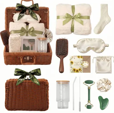 14-Piece Cozy Vintage Gift Basket for Women - Elegant Reusable Basket with Long-Lasting Comfort Essentials - Perfect Relaxation, Self Care & Valentine's Day Gift