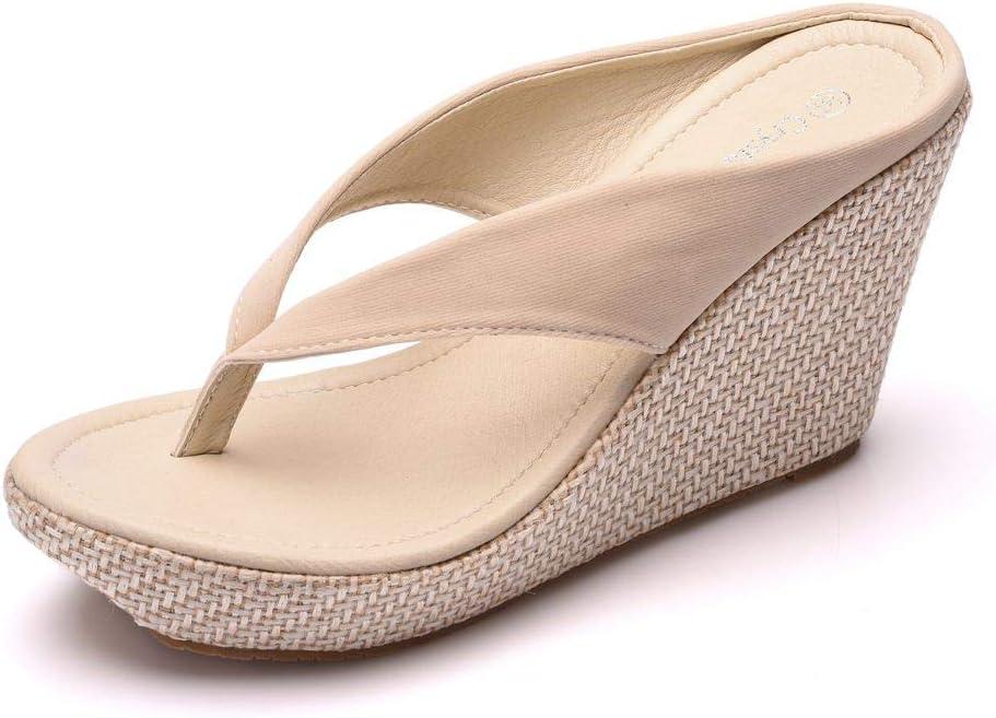 Crystal Queen Women Beach Sandals Platform Wedges Sandals High Heels Wedges Slippers Flip Flops White Flip Flops Plus Size (7, Beige)
