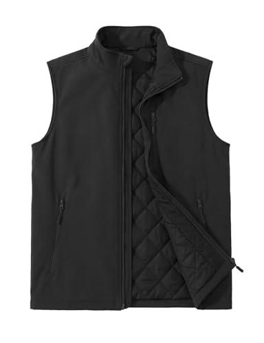 ASPO Men's Windproof Warm Golf Vest Outerwear with 6 Pockets Waterproof Winter Softshell Sleeveless Puffer Jacket for Hiking Black XXL