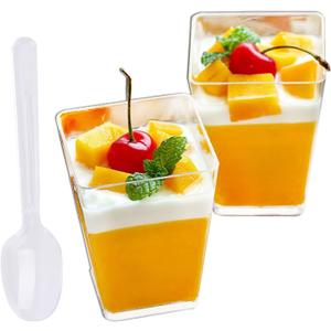 Tosnail 100 Pack 5 Oz Tall Square Clear Plastic Cups with Spoons, Bulk Party Cups with 100 Plastic Spoons for Dessert, Wedding, Birthday