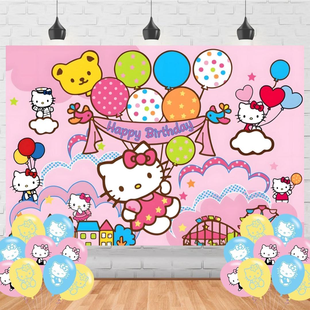Cartoon Kitty Cat Birthday Decorations,Kitty Cat Backdrops for Party Decorations Supplies,Anime Happy Birthday Banner Backdrop for Party Supplies (5x3ft)
