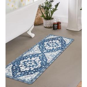 Uphome Boho Retro Bathroom Rug Runner Blue Non-Slip Soft Bath Mat Oriental Tribal Machine Washable Bath Rug Traditional Farmhouse Floral Long Rug for Shower Sink Entrance, 18x47 inch
