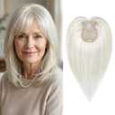 SEIKEA Hair Toppers for Women Real Human Hair with Wispy Bangs, 10" Ultra-light Breathable Hairpiece for 3.5''x2.7'' Mild Thinning Hair, Hand-Tied Scalp Hairpieces for Daily Wear & Gray Hair Coverage