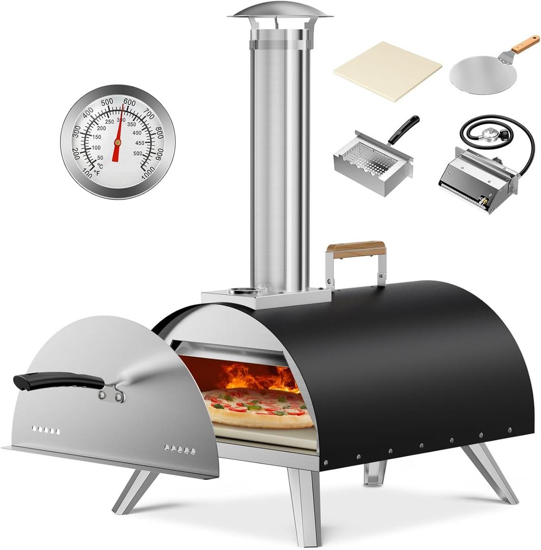 Multi-Fuel Pizza Oven Outdoor, 12" Portable Wood and Gas Fired Pizza Oven with Thermometer,Gas Hose & Pizza Stone,Heats up to 1000F,Stainless Steel Pizza Oven for Backyard or Camping (Black)