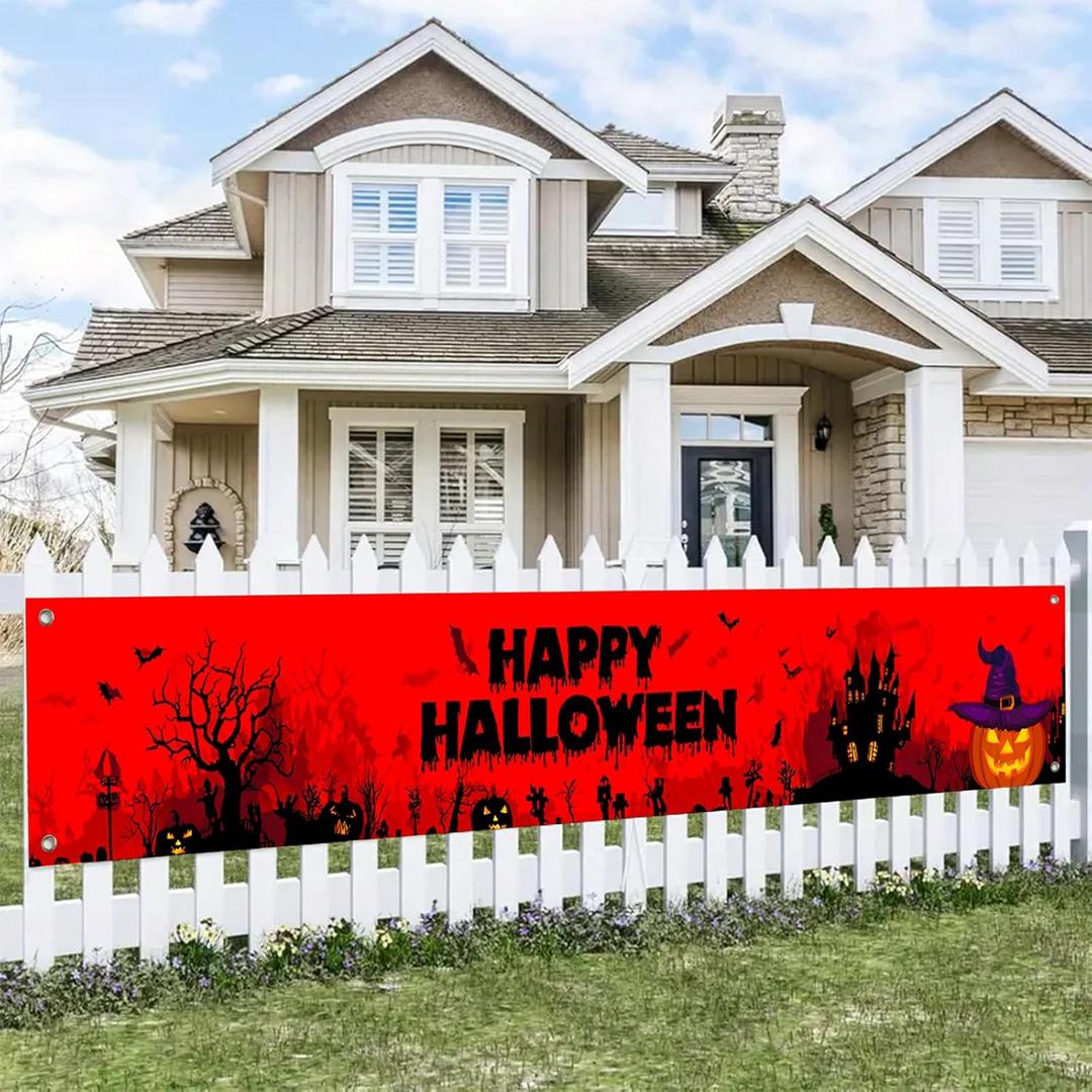 4 x Halloween Decorations Outdoor Yard Banner Haunted Graveyard Scene Happy Halloween Banner Pumpkin Witch Hat Ghost Bat Backdrop 118x20 Inch for Fence Porch Garden Wall Party Decor