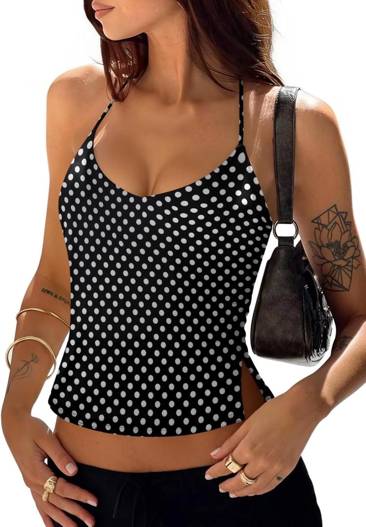 PINKMSTYLE Halter Tops for Women Backless Double Lined Spaghetti Strap Tank Top Going Out Y2K Trendy Sleeveless Camisole, XS