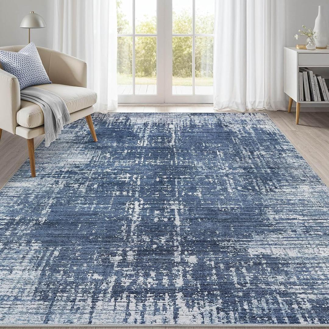 kakania Abstract 7x9 Area Rugs for Living Room: Washable Rugs Dark Blue | Soft, Non-Slip, Low-Pile, Pet & Kid Friendly - Modern Home Decor Carpet for Bedroom/Dining Room/Office/Nursery
