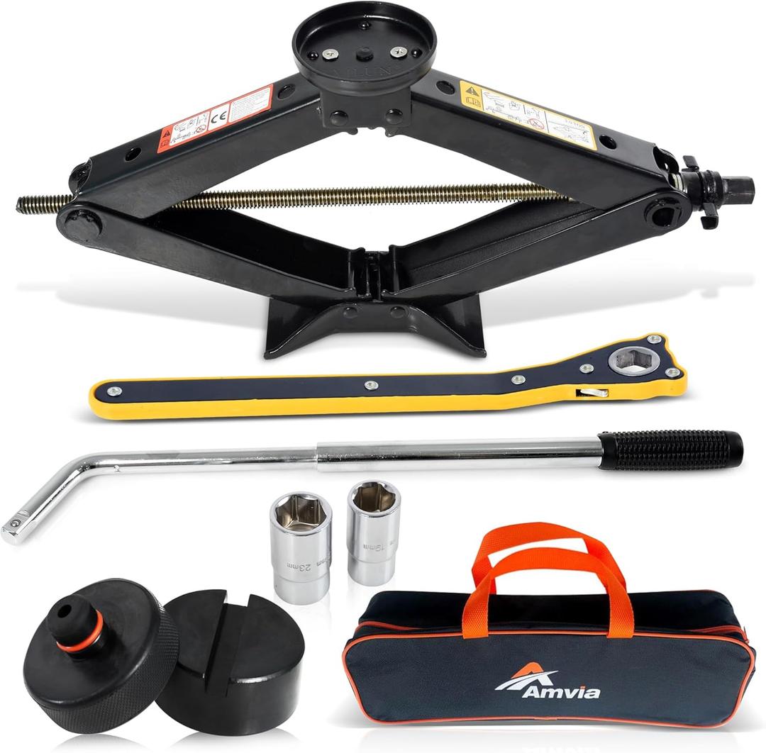 Car Jack Kit with Tesla Pad & Universal Rubber Pad | Scissor Jack for Car 3 Ton (6,600 lbs) - Tire Jack Tool Kit | Portable, Ideal for SUV and Auto - Universal Car Emergency Kit with Lug Wrench (Car Jack Kit 3 Ton + Tesla pad + Rubber pad)