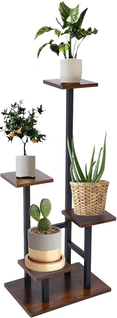 4 Tier Plant Stand for Indoor Plants, Modern Wood & Metal Flower Shelf with Wooden Shelves - Multi-Tiered Display Rack for Living Room, Balcony, Patio, Easy to Assemble Space Saver, Brown