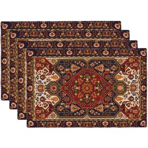 Persian Carpet Design Placemats Set of 4 Tribal Texture Linen Washable Placemat Boho Persian Rust Carpet Kitchen Dining Heat-Resistant Place Mats Desktop Decor Table Mats 12x18 Inch (Black)