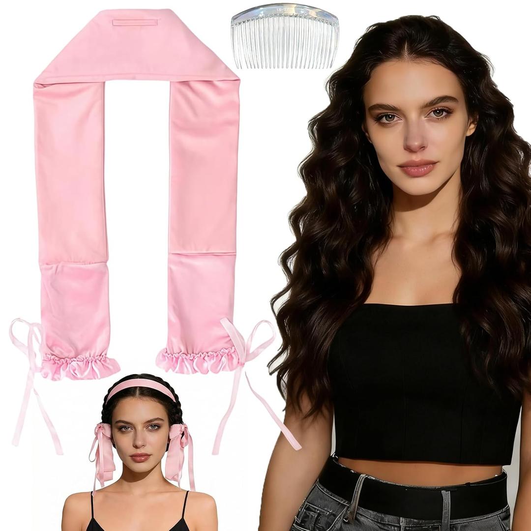 Sleepie tie, Heatless Curling Scrunchie Overnight Blowout, Sleep Hair Tie, Heatless Hair Curler Damage-Free, for Sleeping Soft Rollers for Overnight No-Heat Curls Long Hair To Sleep(Pink)
