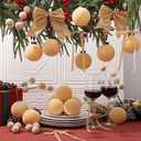 Wettarn 53 Pcs Christmas Velvet Ornaments Kit Include 15 3.15" Velvet Balls, 30 Bows (Wide & Narrow), 1 Wide & 1 Narrow Ribbon (5 yds Each), 6 Flocked Ball Picks for Xmas Decor (Beige)