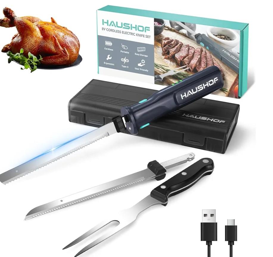 HAUSHOF Cordless Electric Knife Set for Meat Slicing, 8V Electric Carving Knife for Fish, Bread, Turkey, Rechargeable Meat Cutter with Reciprocating Stainless Steel Blades, Safety Lock & Storage Case