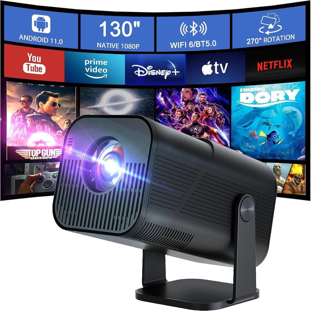Smart Auto Keystone Projector with WIFI and Bluetooth, 270 RotatableAMX500 Mini Portable Projector, 4K Native 1080P Projector, Outdoor Movie Projector Compatible for Laptop, PC, Smartphone