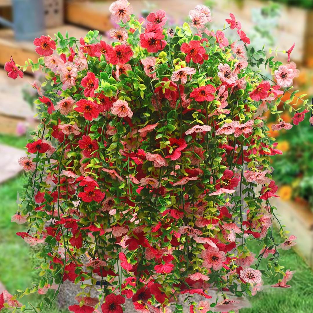 Artificial Hanging Flowers Plants for Outdoor Spring Decoration,2 Pcs Faux Silk Daisy with Eucalyptus Leaves,UV Resistant No Fade Look Real Violet for Outside Home Indoor Decor (Pink+Rose Red)