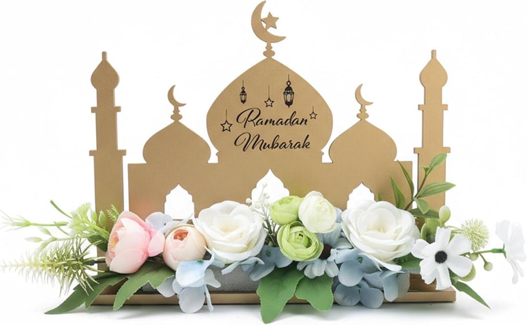 Ramadan Mubarak Table Decor with Flowers, Wooden Castle Centerpiece, Elegant Islamic Home Decoration for Eid & Ramadan Holidays