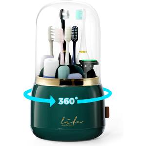 Toothbrush Holders for Bathrooms, Rotating 7 Slots Toothbrush Holder with Cover, Kids Electric Toothbrush and Toothpaste Holders for Caddy for Bathroom Vanity, Sink, Countertop, Dark Green