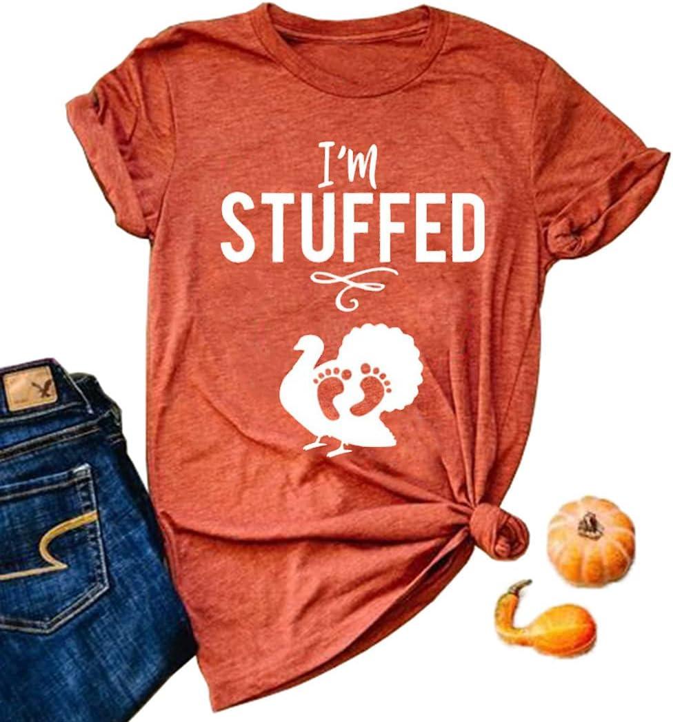 I'm Stuffed Thanksgiving Pregnancy T-Shirt Women Funny Baby Feet Turkey Graphic Tee Cute Fall Turkey Maternity Tops (Orange, M)