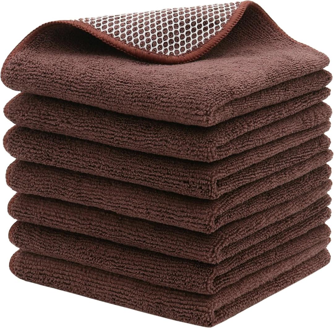 Microfiber Cleaning Cloth Fast Drying Kitchen Dish Cloths Cleaning Rags for Washing Dishes, Absorbent Lint Free Kitchen Washcloths Rags with Poly Scour Side, 12 Inch x 12 Inch (Brown)