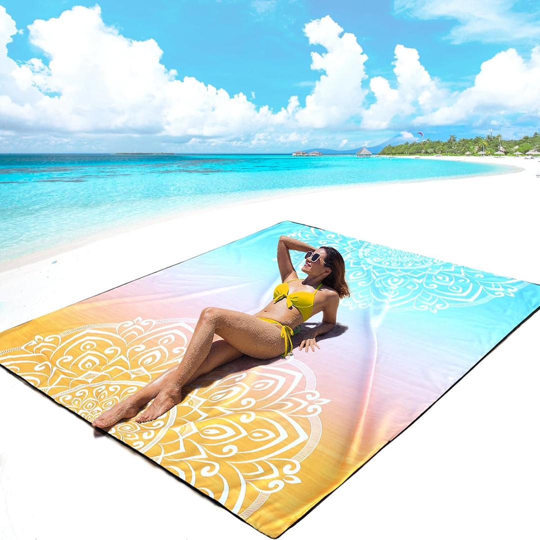AISPARKY Beach Blanket Waterproof Sandproof, Oversized Large Beach Mat 79" X 83"/120"x108" for 1-8 Adults, Quick Drying&Compact&Lightweight, Picnic Mat Vacation Essentials for Beach Camping Travel (Mandala-green Orange)