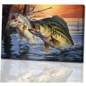 Bass Fish Canvas Wall Art Large Mouth Fish Jumping Picture Wall Art Animal on Ocean Painting Prints for Bathroom Decor Framed(Animal-1,16x24inch (40x60cm))
