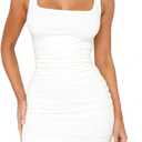 ForeFair Womens Summer Tank Mini Dress Square Neck Sleeveless Ruched Bodycon Double Lined Party Club Casual Going Out Dresses (White, S)