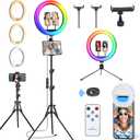 𝗡𝗲𝘄𝗲𝘀𝘁 13" Selfie Ring Light with 63" Stand and 3 Phone Holder, 53 Lighting Modes, iPad Holder, Remote, Desk Tripod, RGB Ring light for iPhone. Vlogging Circle Led Halo Light Photo Video Kit