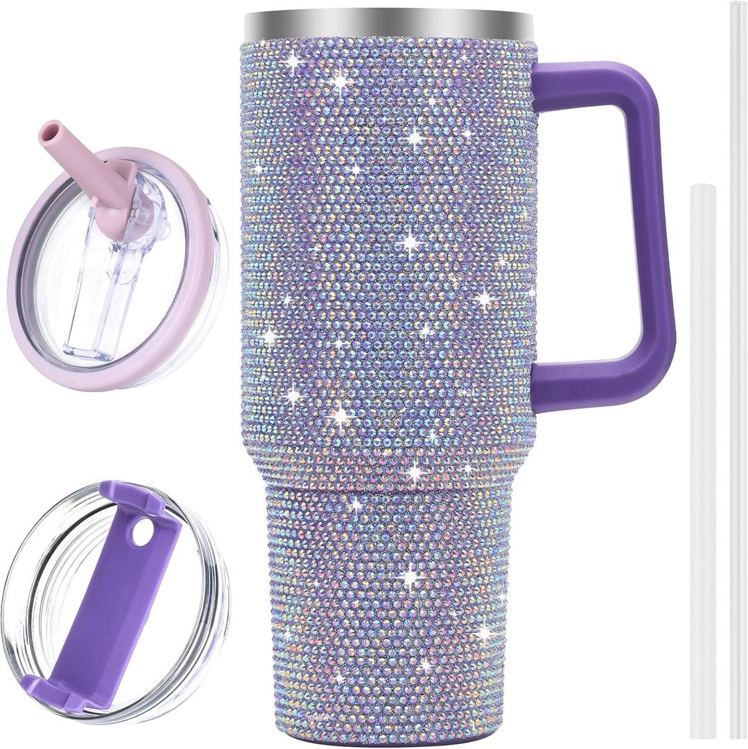 40 oz Tumbler with Handle and Flip Straw Lid, Insulated Leak Proof Double Walled Stainless Steel Rhinestone Diamond Studded Bling Travel Mug Tumblers, Maintains Cold Ice and Heat for Hours (Purple1)
