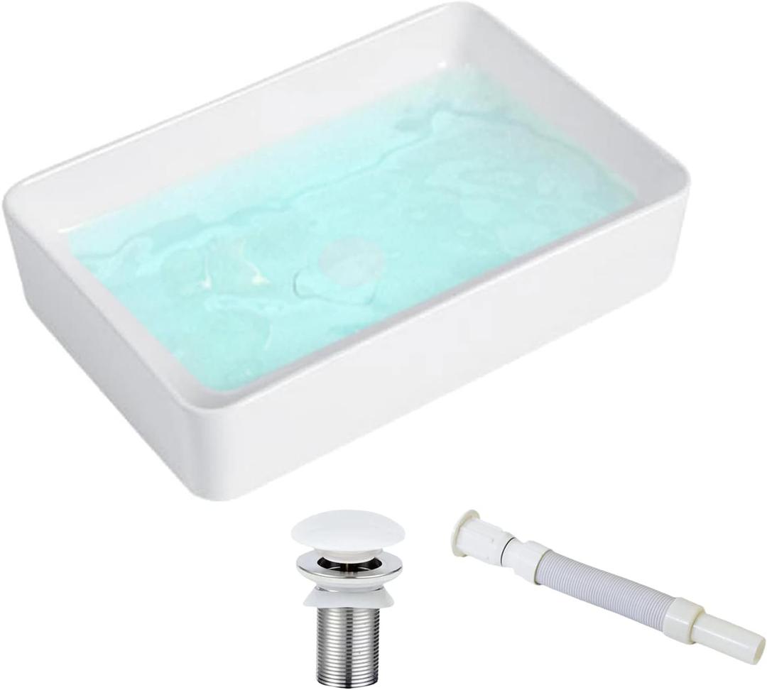 KINGWONG Vessel Sink for Bathroom 20 Inch Modern Rectangular Bathroom Vanity Sinks Above Counter White Ceramic Porcelain Countertop Basin Sink 20x13