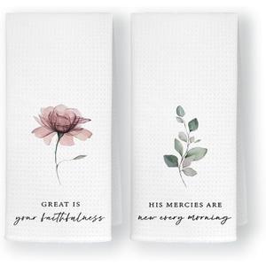 Floral Christian Kitchen Towels Set of 2, Great is Your Faithfulness Religious Bible Verse Hand Towels Tea Towels, Christian Gifts for Women, Plants Dishcloth for Home Bathroom, 16x24 Inch